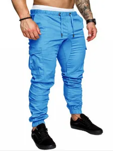 Men's light blue slim fit cargo joggers with elastic ankle cuffs and side pockets