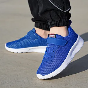 Blue breathable mesh running shoes for boys aged 6-12 with lightweight soft sole