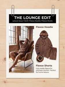 Gedetailleerde weergave van bruine fleece hoodie en korte broek set voor heren