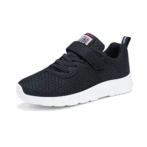 Breathable black mesh children's running shoes with lightweight white sole for boys