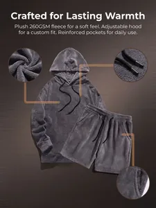 Detail van grijze pluche 260GSM fleece hoodie en bijpassende short set voor heren