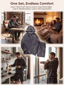 Heren koraal fleece lounge set getoond in diverse gezellige lifestyle scenario's