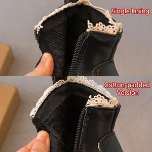 Comparison of thin and fleece lining in black girls' leather boots with lace trim.
