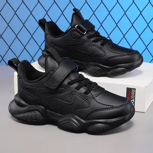 Breathable black children's running shoes with velcro and soft sole for boys