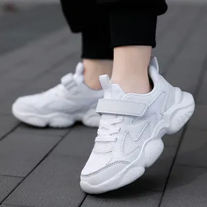 Breathable white children's running shoes with soft soles and hook-and-loop straps