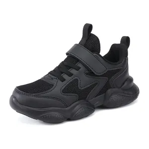 All-black children's breathable running shoes with soft sole and Velcro strap