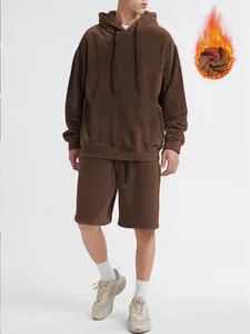 Oversized bruine koraalvlies hoodie en korte broek set voor heren met warm voering detail