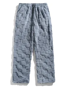 Men's Winter Plush Checkerboard Grid Straight Leg Pants Warm Fleece Casual Lounge Sweatpants Fashion Polyester Trousers