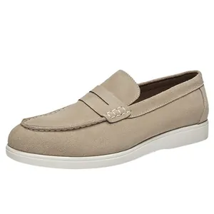 British style men's beige suede loafers with slip-on design and white sole