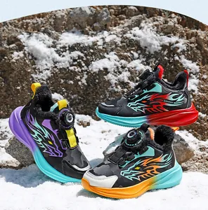 Outdoor view of children's warm winter sneakers with plush lining and dial lacing