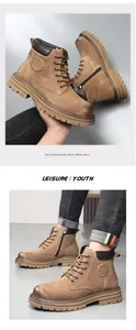 Vue détaillée des bottines en cuir pour hommes avec semelles épaisses et zip latéral.