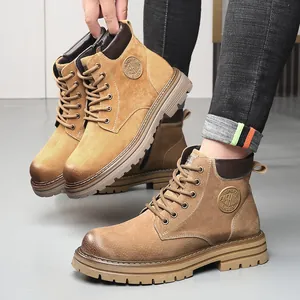 Herren Martin Boots Echtes Leder Winter Warm Plüschfutter Arbeitsstiefel Rutschfeste Dicke Sohle Mode Gelbe Stiefel