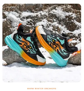 High-quality boys warm winter sneakers with thick fur lining and dragon graphic in snow