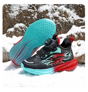 Detailed view of kids winter sports shoes with thick warm lining and anti-slip sole.