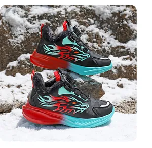 Fleece-lined boys' winter sneakers in outdoor snow scene for warmth and comfort