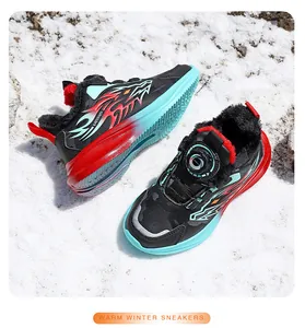 Warm winter sneakers for boys with thick plush lining and rotary buckle on white snow
