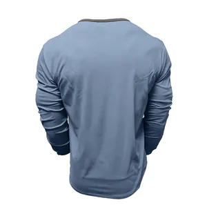 Back view of men's plain blue long sleeve cotton t-shirt with crew neck