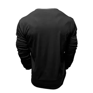 Back view of men's plain black cotton long-sleeve T-shirt with crew neck