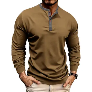 Close-up detail of men's brown long-sleeve Henley shirt with contrast collar and buttons