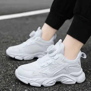 White breathable boys sneakers with convenient rotary buckle and thick anti-slip sole
