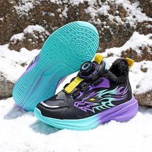 Children's winter warm sneakers with rotating buckle and fleece lining on snow background