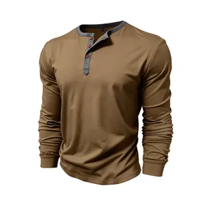 Men's brown cotton long sleeve Henley t-shirt with contrasting grey collar detail