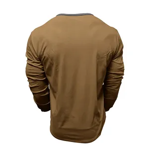 Back view of a men's brown cotton long sleeve t-shirt with charcoal crew neck trim