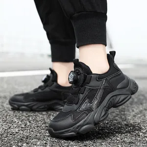 Breathable boys black sports sneakers featuring rotary buckle and chunky fashion sole