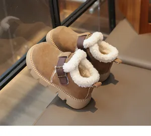 Bottines d'hiver pour enfants en daim marron avec doublure polaire blanche et boucle