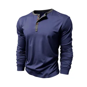 Classic men's cotton long-sleeved Henley T-shirt with gray contrasting neck trim