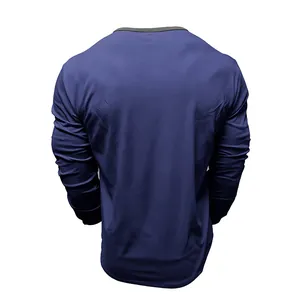 Rear view detail of a navy blue long-sleeved cotton t-shirt for men