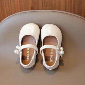 Cream leather girls Mary Jane princess shoes with soft sole and elegant pearl strap detail