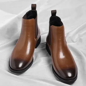 Vintage brown leather Chelsea boots for men with burnished toe and elastic side