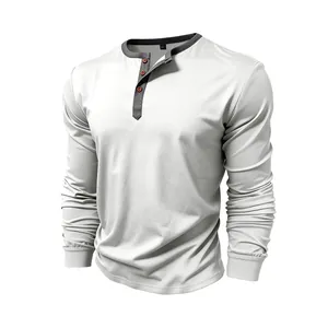 Detail view of men's casual white cotton long-sleeve Henley shirt featuring a contrast grey trim