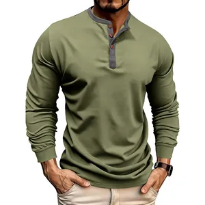 Close-up of olive green long-sleeve Henley shirt with grey collar and button detail.