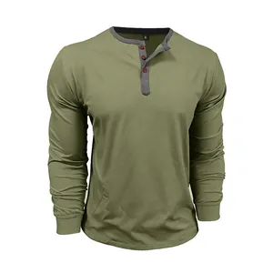 Olive green long-sleeve Henley shirt for men featuring a gray collar and three buttons