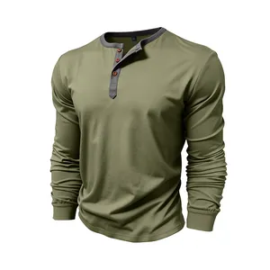 Detail view of men's olive green long sleeve Henley t-shirt in soft cotton fabric