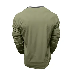 Rear view detail of a men's olive green long-sleeve cotton T-shirt with grey collar trim