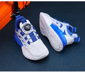Scarpe sportive traspiranti per bambini blu e bianche con fibbia rotante