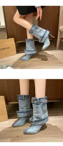 Chic pointed-toe denim high heel boots with pleated pant-leg fold detail