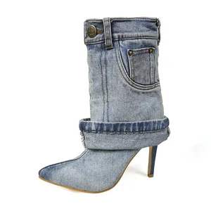 Fashionable pointed toe denim stiletto ankle boots with distressed jean cuff design