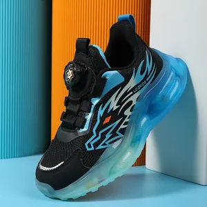 Jungen Sportschuhe Mit Drehknopf Atmungsaktive Mesh Kinder Laufschuhe Trendiges Flammen Drachen Muster Freizeit Schulschuhe