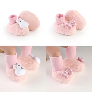 Baby Girls Winter Warm Plush Walker Shoes Soft Sole Infant Floor Socks With Bowknot Rabbit Decor Fleece Prewalker Shoes