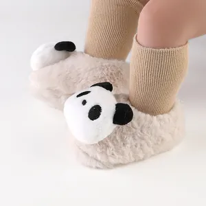 Cozy baby plush panda slippers with ribbed socks for newborns, soft pre-walker shoes