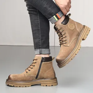 Bottines Martin d'hiver en cuir beige pour homme avec semelle épaisse et fermeture éclair