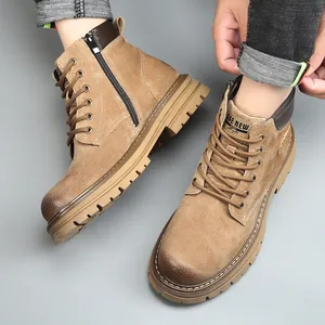 Bottines d'hiver en cuir véritable pour hommes avec semelle épaisse et zip