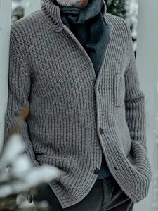 Cárdigan de Punto de Acrílico Casual para Hombre Suéter Chaqueta Cuello Alto Botón Ajustado Abrigo de Punto para Invierno