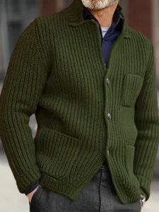 Chaqueta de punto acanalado para hombre, corte entallado verde oliva con solapa clásica