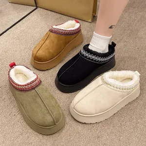 Pantuflas de Botas de Nieve de Invierno para Mujer Gamuza Sintética Forradas de Piel Mules de Plataforma Con Ribete Trenzado Bordado Zapatos Cálidos Retro Sin Cordones