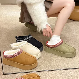 Zapatillas tipo bota de nieve con plataforma para mujer y forro polar con bordado